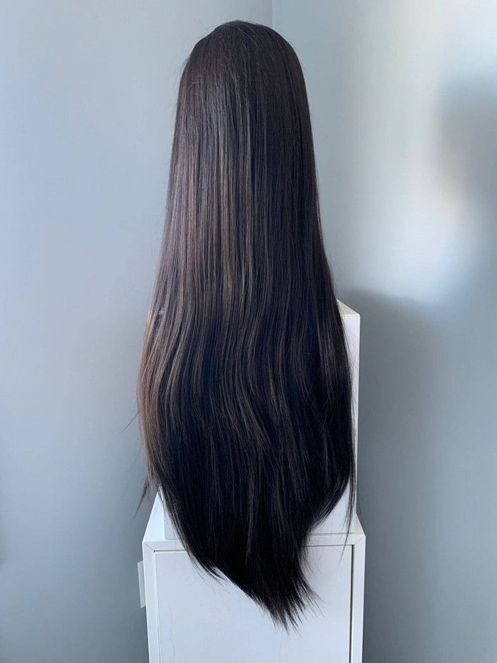 Kim Long Black Silky Straight Partial Lace Front Wig displayed from the back, showcasing its sleek, long hairstyle.