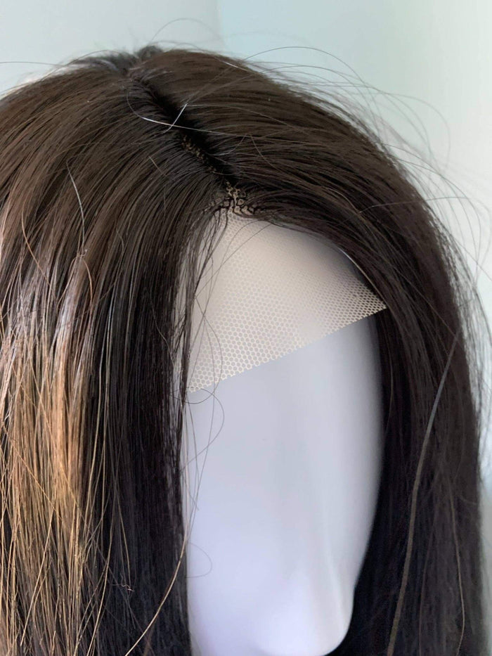 Close-up of Kim Long Black Silky Straight Partial Lace Front Wig showing lace detail and silky hair texture.