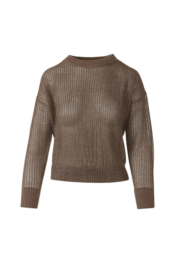 The KINROSS CASHMERE Open Texture Lurex Crew Neck Linen Sweater by KINROSS features light beige ribbed knit, long sleeves, dropped shoulders, relaxed fit, and openwork stitch design—shown against a plain white background.