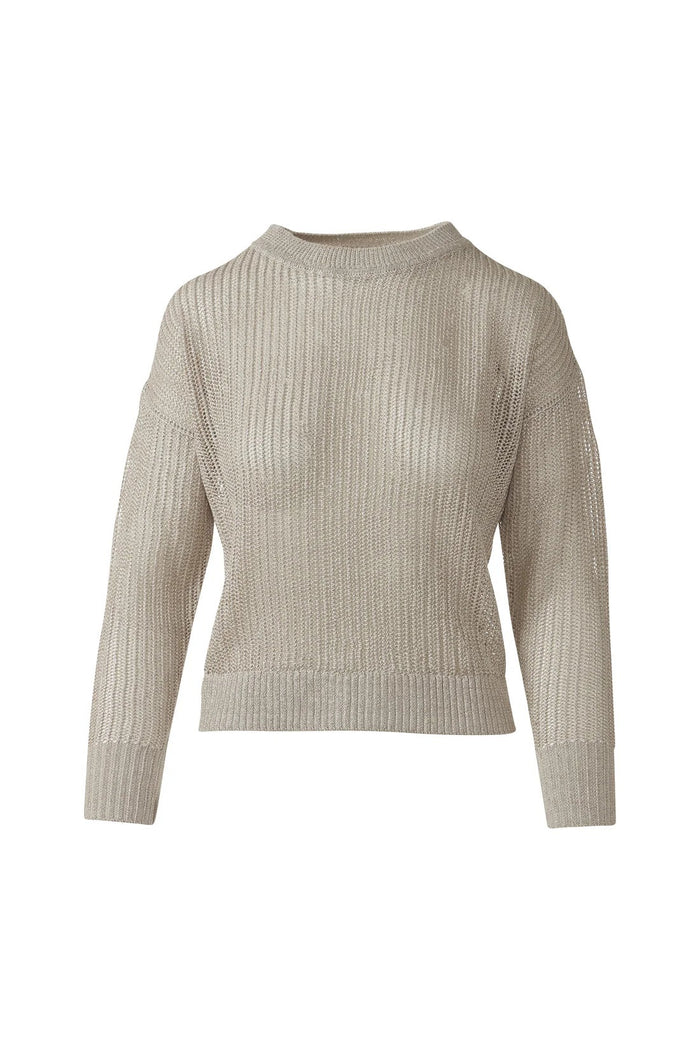 The KINROSS CASHMERE OPEN TEXTURE LUREX CREW NECK LINEN SWEATER by KINROSS is a brown, long-sleeve 100% linen piece with openwork stitching and ribbed cuffs, hem, and collar, shown against a plain white backdrop.
