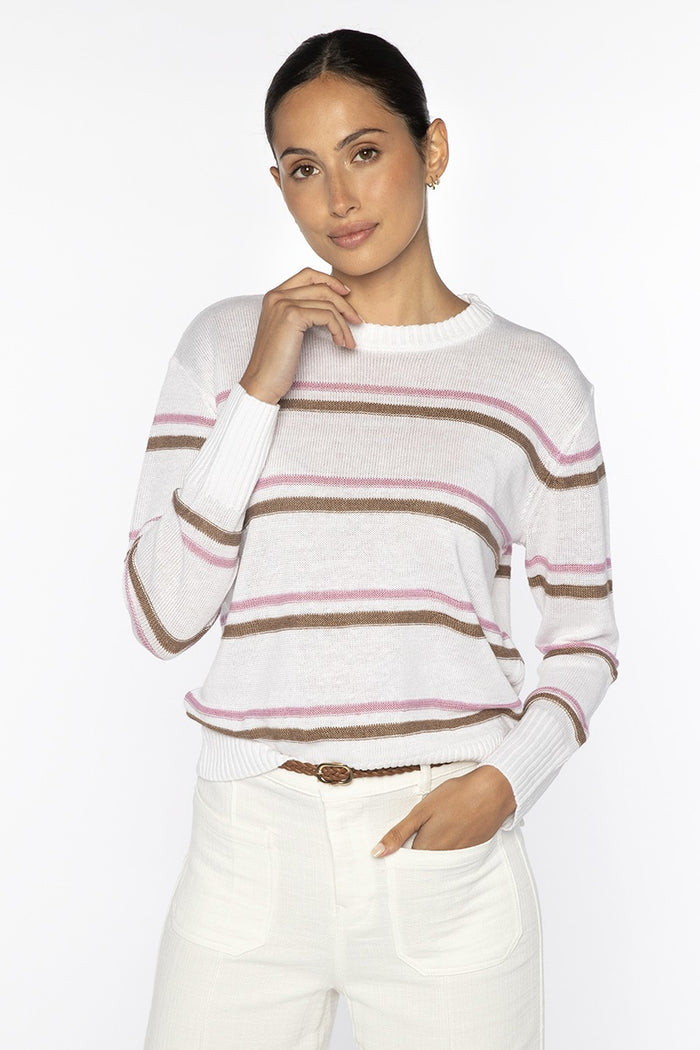 The KINROSS CASHMERE Textured Stripe Crew Neck Linen Sweater features a brown knit, blue, white, and gray textured stripes, long sleeves, and ribbed cuffs, hem, and neckline.