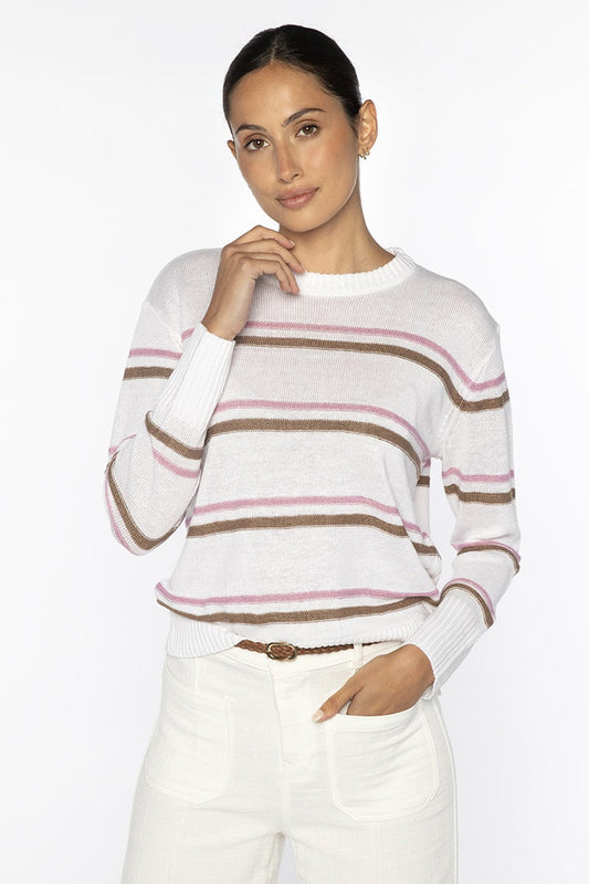 The KINROSS CASHMERE Textured Stripe Crew Neck Linen Sweater features a brown knit, blue, white, and gray textured stripes, long sleeves, and ribbed cuffs, hem, and neckline.