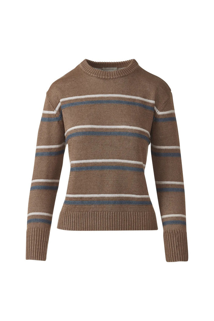 The KINROSS CASHMERE Textured Stripe Crew Neck Linen Sweater features a brown knit, blue, white, and gray textured stripes, long sleeves, and ribbed cuffs, hem, and neckline.