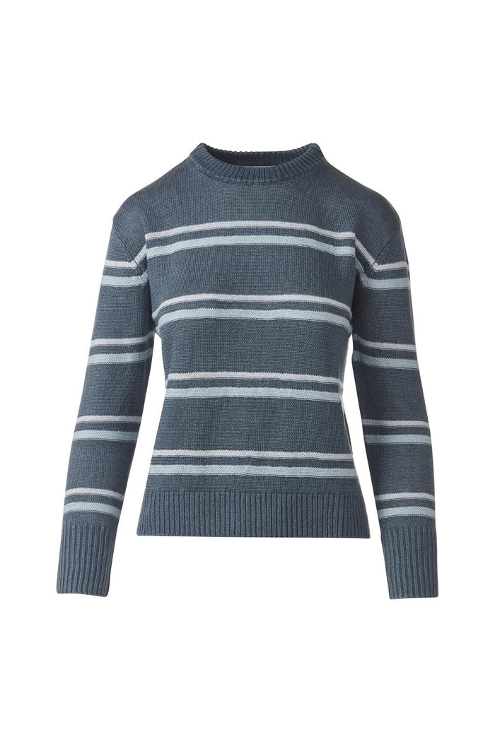 The KINROSS CASHMERE Textured Stripe Crew Neck Linen Sweater features a brown knit, blue, white, and gray textured stripes, long sleeves, and ribbed cuffs, hem, and neckline.
