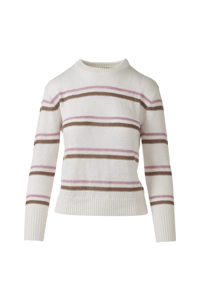 The KINROSS CASHMERE Textured Stripe Crew Neck Linen Sweater features a brown knit, blue, white, and gray textured stripes, long sleeves, and ribbed cuffs, hem, and neckline.