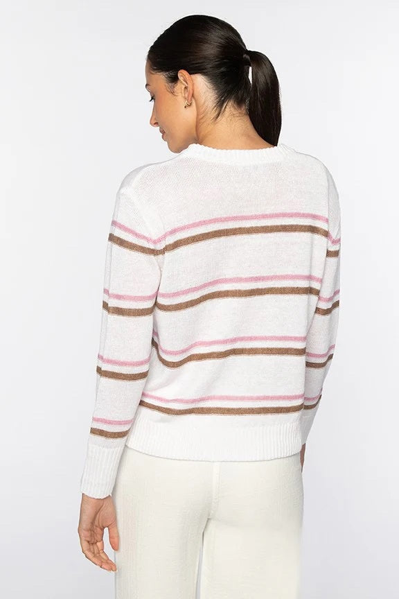 The KINROSS CASHMERE Textured Stripe Crew Neck Linen Sweater features a brown knit, blue, white, and gray textured stripes, long sleeves, and ribbed cuffs, hem, and neckline.