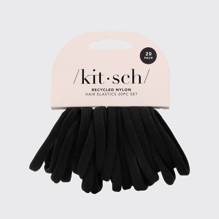 A 20-pack of KITSCH's eco-friendly nylon hair elastics, made from recycled materials, provides all-day hold. The minimalist packaging has a light background with "KITSCH" elegantly printed.