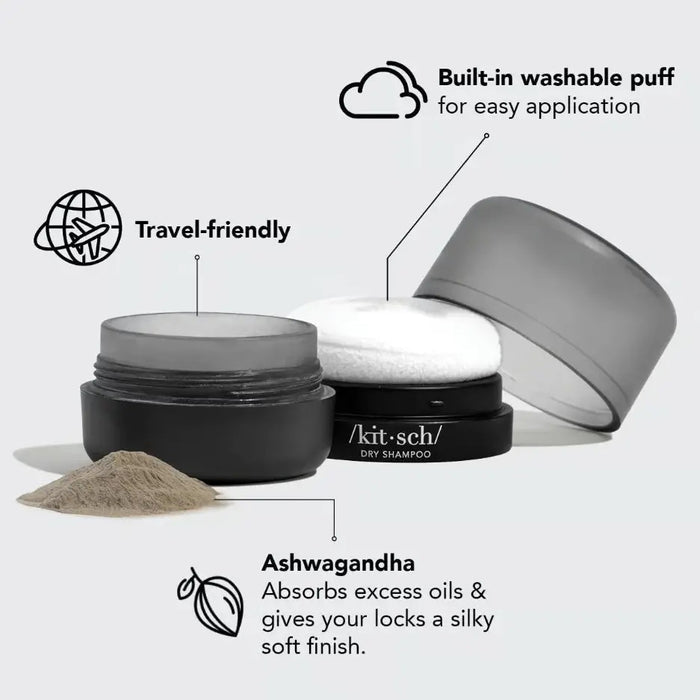 A black and gray cylindrical container of KITSCH Volumizing Rice Water Protein Dry Shampoo is set against a white background, elegantly displaying the KITSCH brand name on the front.