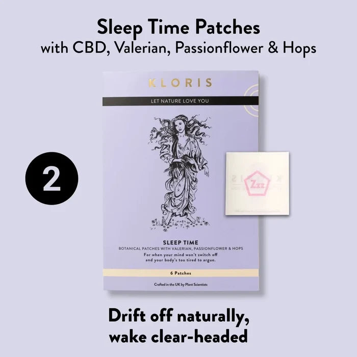 Sleep Time Patches with CBD, Valerian, Passionflower & Hops by KLORIS on a light purple background