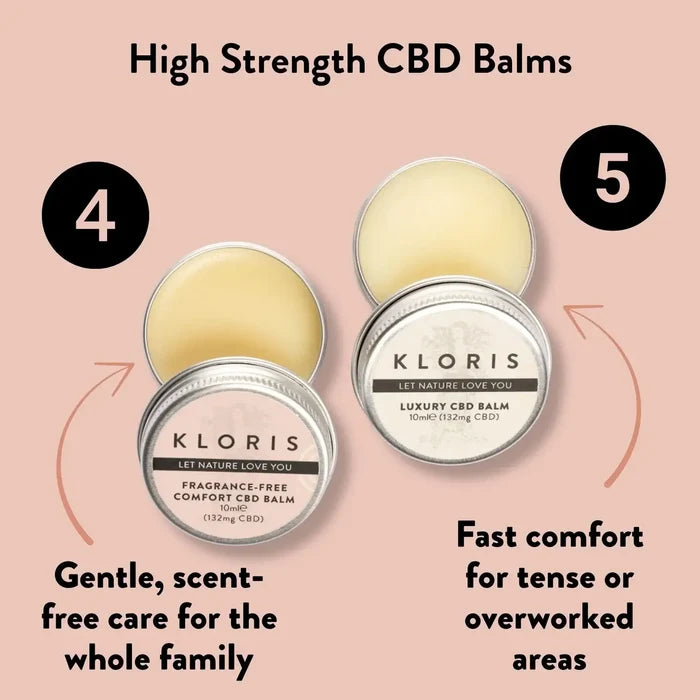 Kloris CBD balms with text on a pink background
