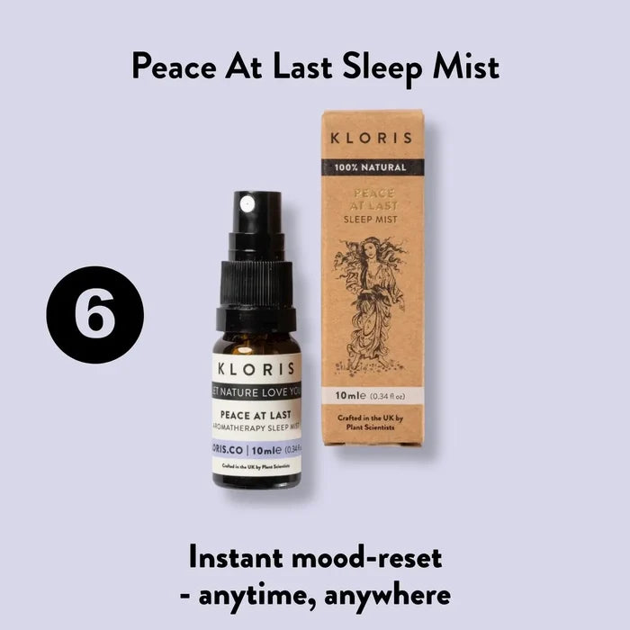 Kloris Peace At Last Sleep Mist bottle and packaging on a light purple background