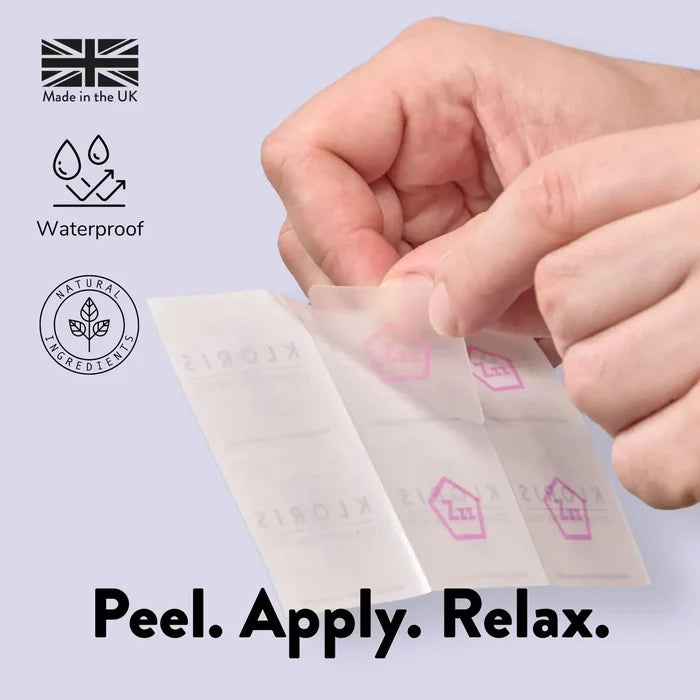Hand applying a strip of adhesive patches with brand logo, text 'Peel. Apply. Relax.' on a light purple background.