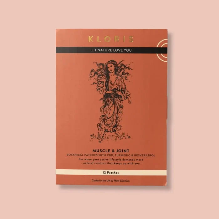 Kloris Muscle & Joint patch packaging on a beige background