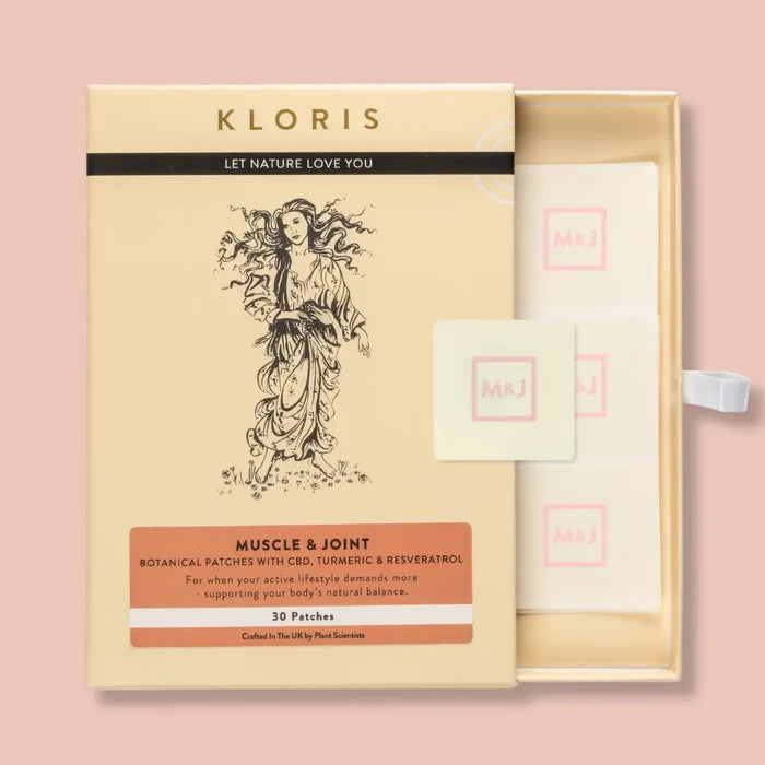 Kloris muscle and joint patch packaging on a pink background
