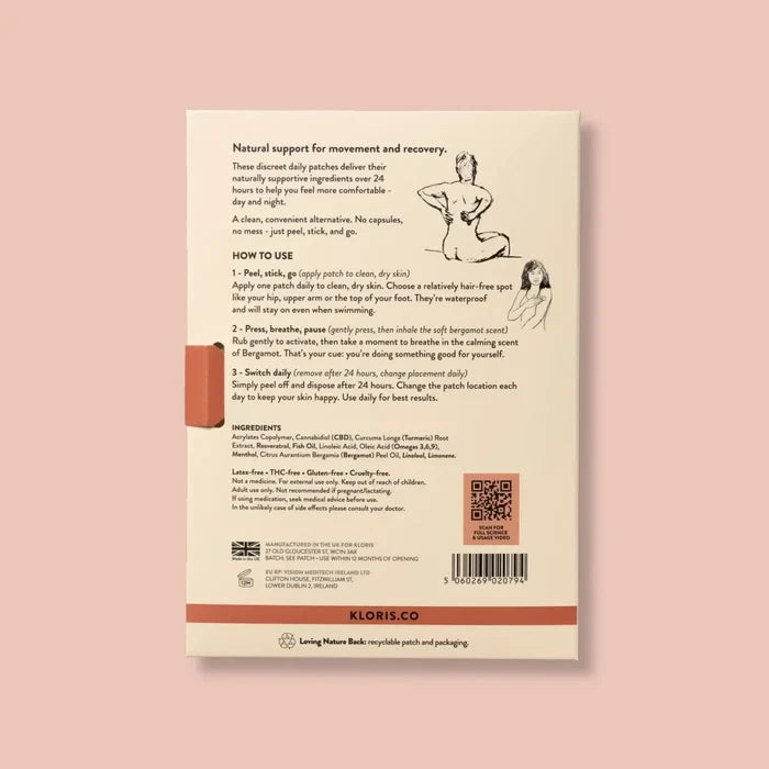 Back of a product packaging with text and illustrations on a pink background