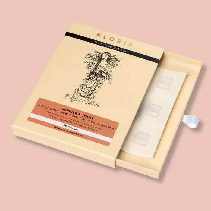 Kloris muscle and joint patch packaging on a beige background