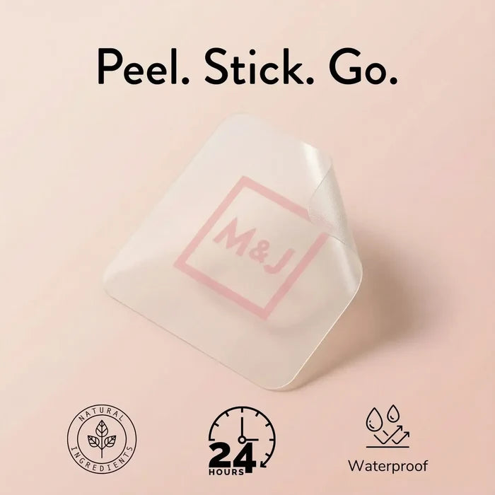 Product packaging with 'M&J' branding on a pink background, featuring text 'Peel. Stick.