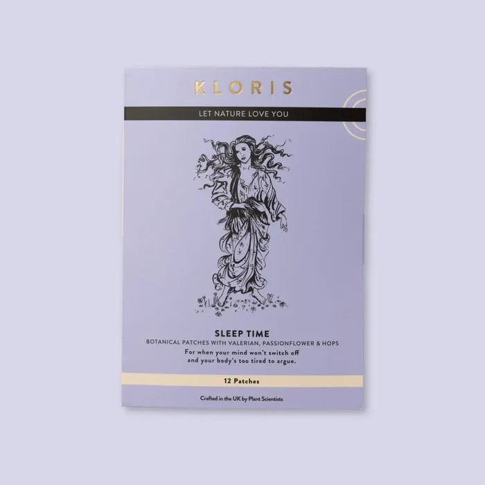 Kloris Sleep Time botanical patches packaging on a light purple background