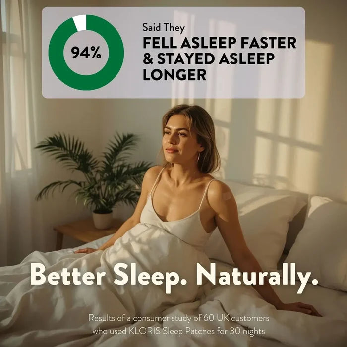 Woman sitting on a bed with text about sleep improvement and Kloris Sleep Patches.