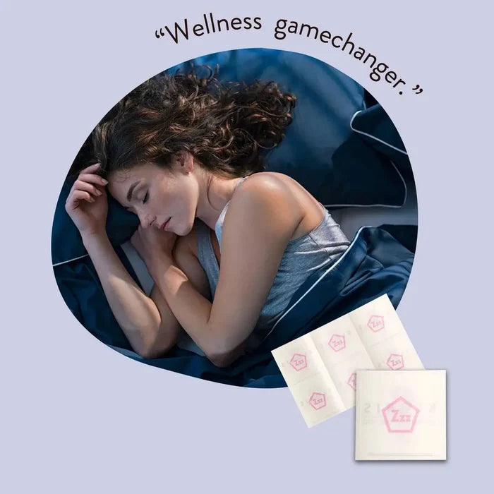 Advertisement for a wellness product with a woman lying down and text on a light blue background