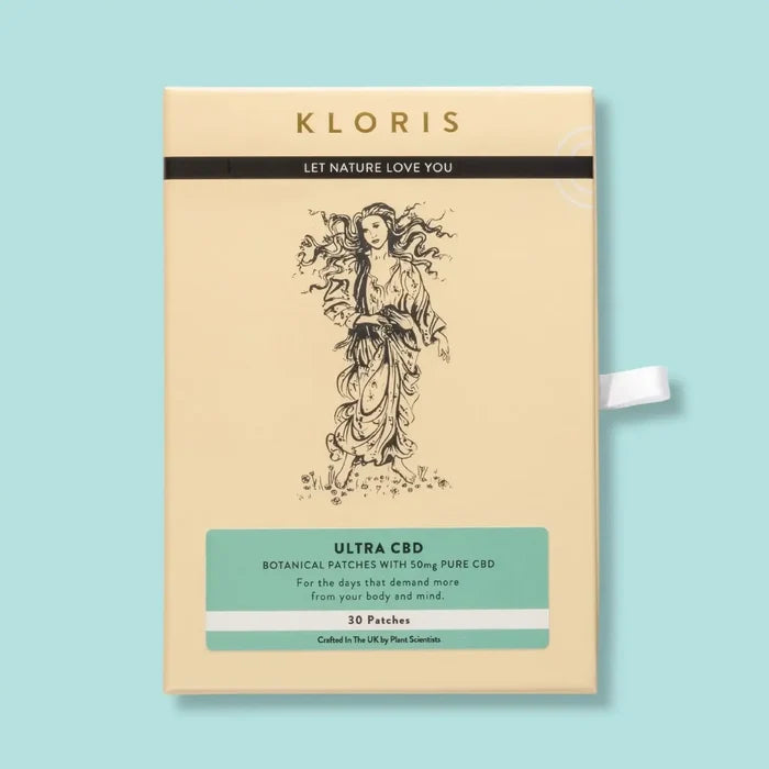 Kloris Ultra CBD botanical patches packaging on a light blue background