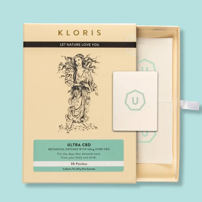 Kloris Ultra CBD botanical patches packaging on a light blue background