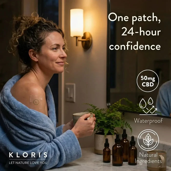 Woman in a robe holding a cup with KLORIS CBD products on a counter.