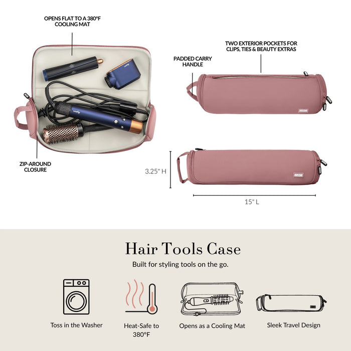 A hand with painted nails and a jade bangle holds the KUSSHI - Hair Tools Travel Case in Navy by its handle against a plain white background.