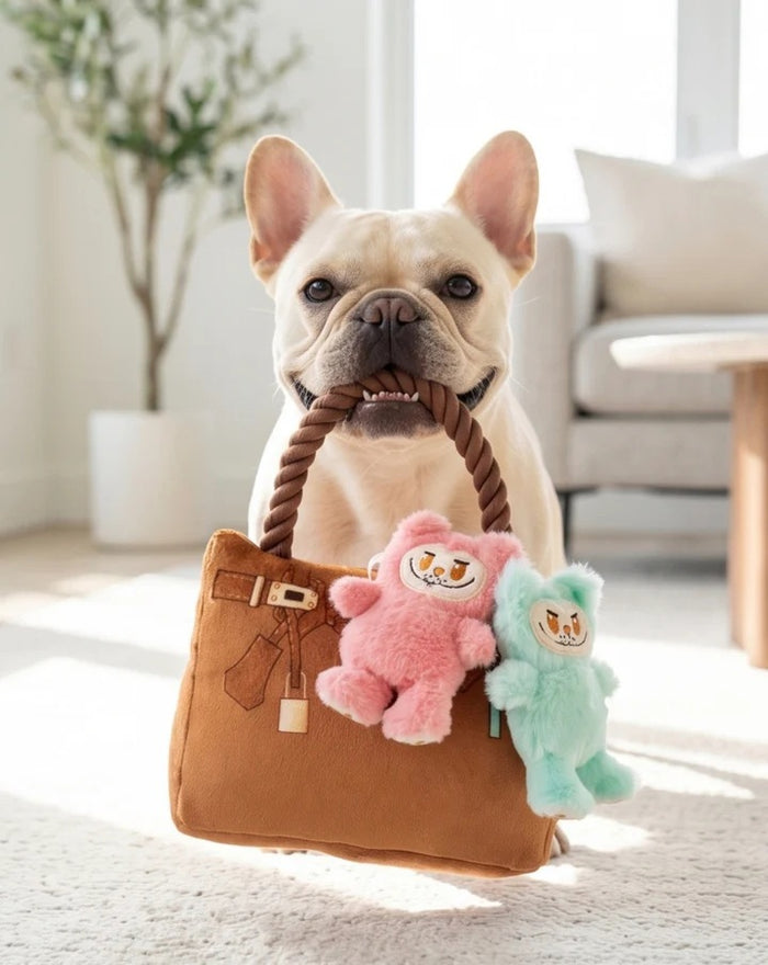 A French Bulldog sits indoors in a bright, cozy room, holding the HAUTE DIGGITY DOG LABOWWOW HANDBAG DOG TOY—a durable plush handbag adorned with pink and blue teddy bear keychains—in its mouth.