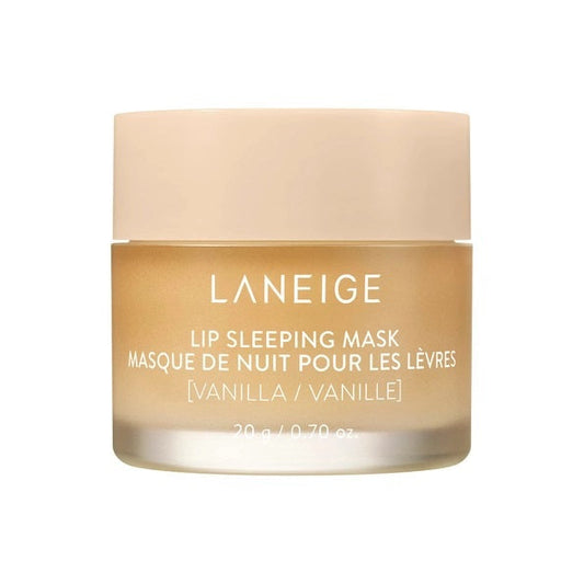 A jar of LANEIGE - LIP SLEEPING MASK, VANILLA from KOSMIC KBEAUTY SKINCARE features a beige lid and frosted container labeled in both English and French, delivering intense overnight moisture to help soothe and repair dry lips as you sleep.
