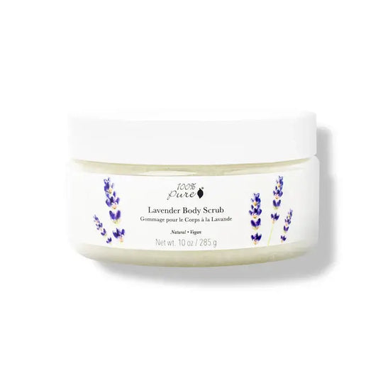 Lavender Body Scrub 285ml jar with lavender flowers design, 100% Pure, natural and vegan body scrub for a spa-like experience.