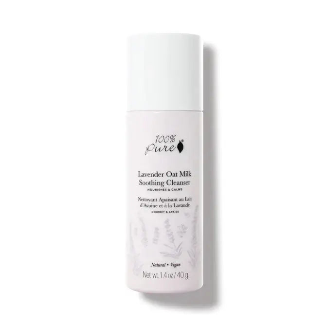 Lavender Oat Milk Soothing Cleanser 40g packaging, 100% Pure, for nourishing and calming sensitive skin.