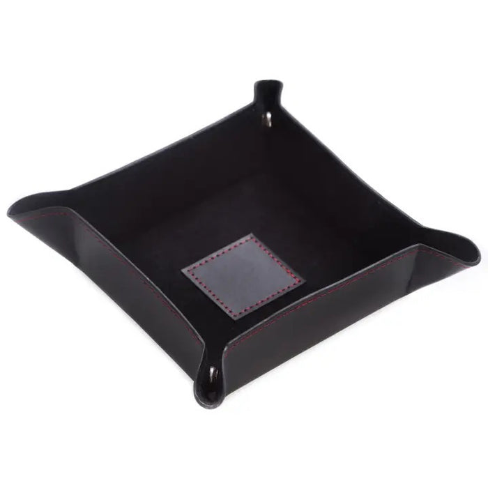 A BEYBERK INTERNATIONAL LEATHER SNAP VALET in black with red stitching, featuring visible edge stitching, is arranged neatly on a white background.