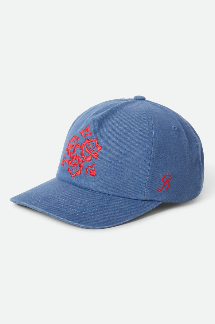 Women's Lola Embroidered Adjustable Hat in the color Light Washed Denim - Front Product View