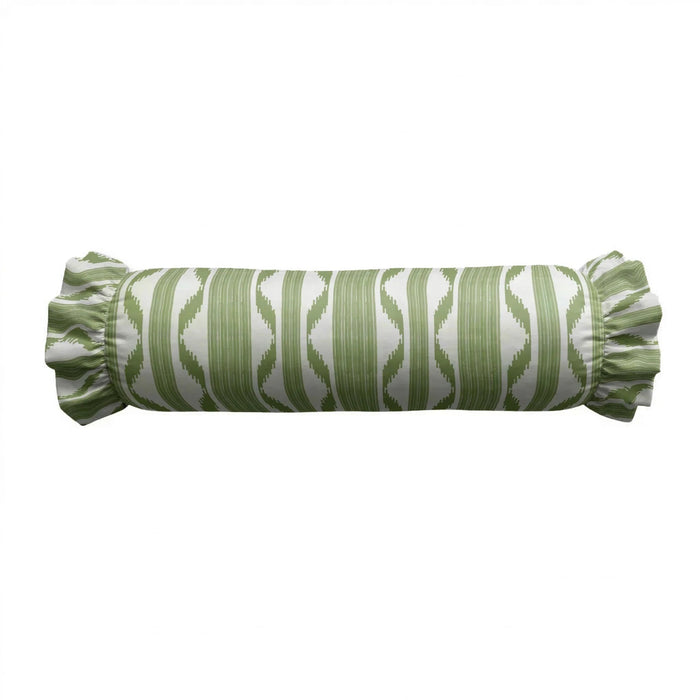 The LOOM & CLOTH Ikat Stripe Ruffled Bolster Pillow in Green features a round shape with green and white zigzag patterns, ruffled ends, and a removable 100% cotton cover. It is shown on a white background.