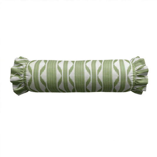 The LOOM & CLOTH Ikat Stripe Ruffled Bolster Pillow in Green features a round shape with green and white zigzag patterns, ruffled ends, and a removable 100% cotton cover. It is shown on a white background.