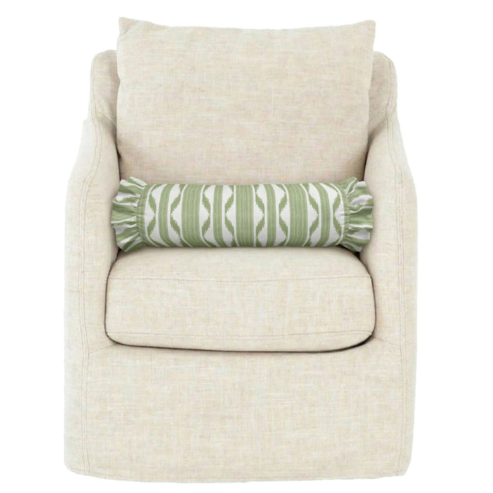 The LOOM & CLOTH Ikat Stripe Ruffled Bolster Pillow in Green features a round shape with green and white zigzag patterns, ruffled ends, and a removable 100% cotton cover. It is shown on a white background.