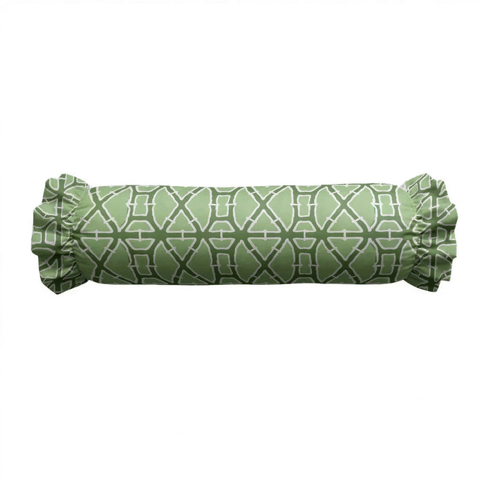 The LOOM & CLOTH - Lattice Ruffled Bolster Pillow in Green features a white geometric pattern and charming ruffled edges, bringing a touch of vintage-chic style to any space.