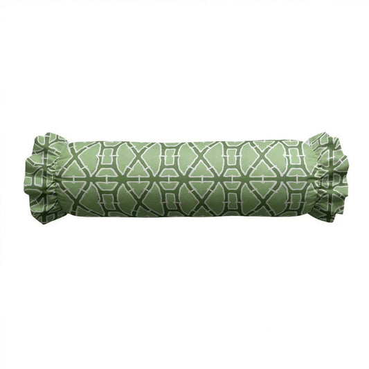 The LOOM & CLOTH - Lattice Ruffled Bolster Pillow in Green features a white geometric pattern and charming ruffled edges, bringing a touch of vintage-chic style to any space.