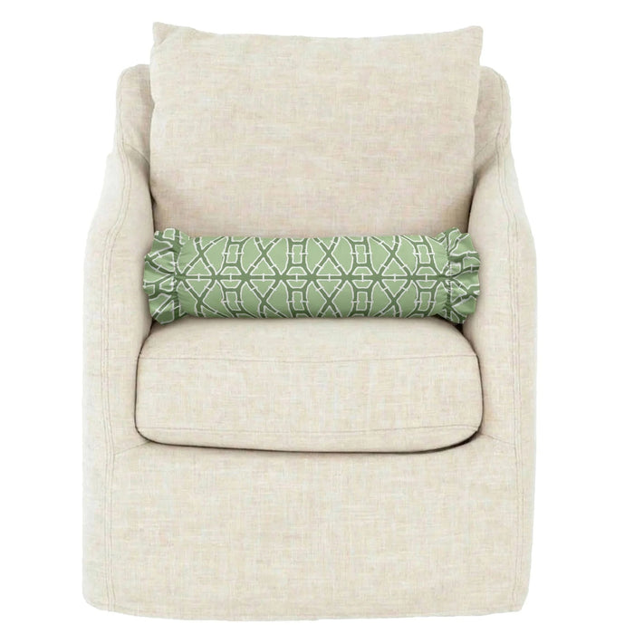 The LOOM AND CLOTH - LATTICE RUFFLED BOLSTER PILLOW IN GREEN by LOOM & CLOTH features a green cylindrical shape with a white geometric lattice pattern and charming ruffled ends. Crafted from soft cotton, this vintage-chic pillow design is shown isolated on a white background.
