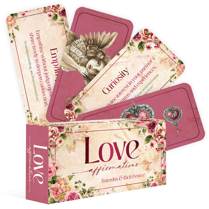 Love Affirmations Cards box with open cards displaying 'Empathy' and 'Curiosity' to enhance communication.