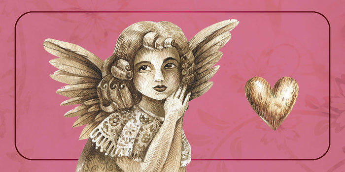 Love Affirmations Cards artistic illustration of an angel and heart on a pink background.