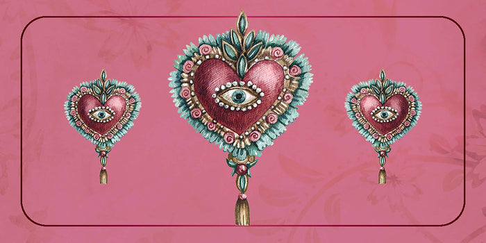 Love Affirmations Cards artistic design featuring heart motifs with eyes on a pink background.