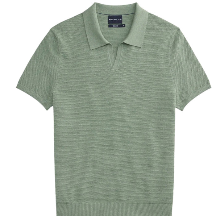 A man with short dark hair is seen from behind wearing the MACK WELDON Tech Linen Johnny Collar Polo Sweater in Sage Leaf Heather, paired with light gray pants against a plain light gray background.