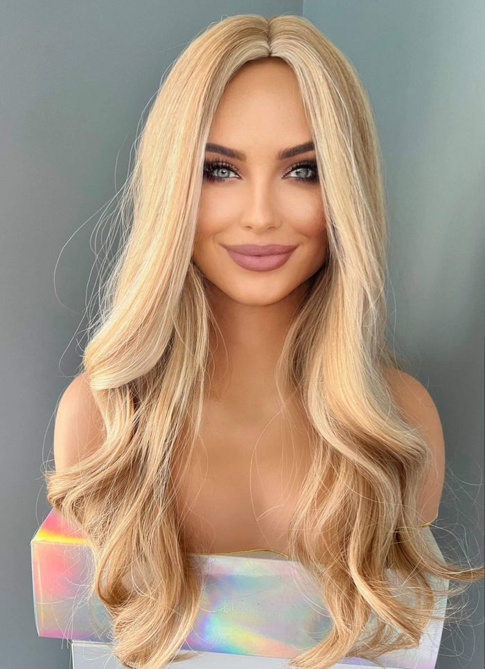 Madelyn Long Golden Blonde Curled Wig on mannequin displaying soft, flowing curls and layers for volume.