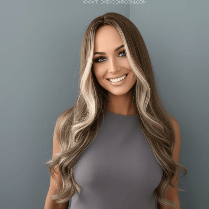 Woman with long, wavy hair against a gray background