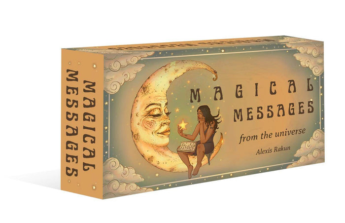 Magical Messages from the Universe card deck featuring a serene design with a moon and inspirational artwork.