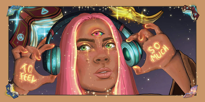Magical Messages from the Universe card featuring a person with headphones and inspirational text on hands.