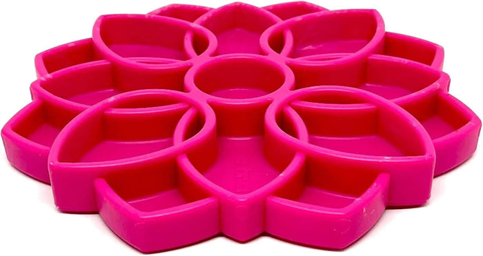 The MANDALA ETRAY Slow Feeder Enrichment Dog Bowl by SODA PUP is a pink silicone tray shaped like a flower with eight petal-like compartments and a subtle central logo, making it an ideal shallow slow feeder and enrichment tray for interactive mealtime fun for dogs.