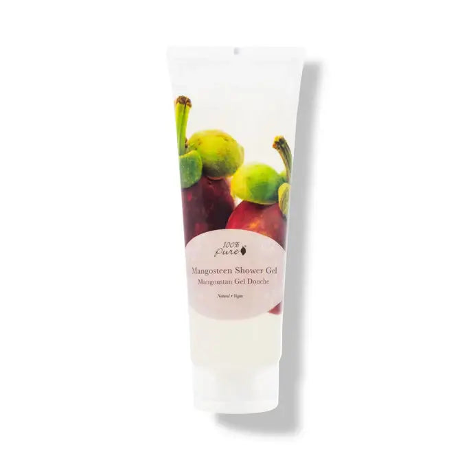 Mangosteen Shower Gel 100 Pure in a tube surrounded by fresh mangosteen fruits